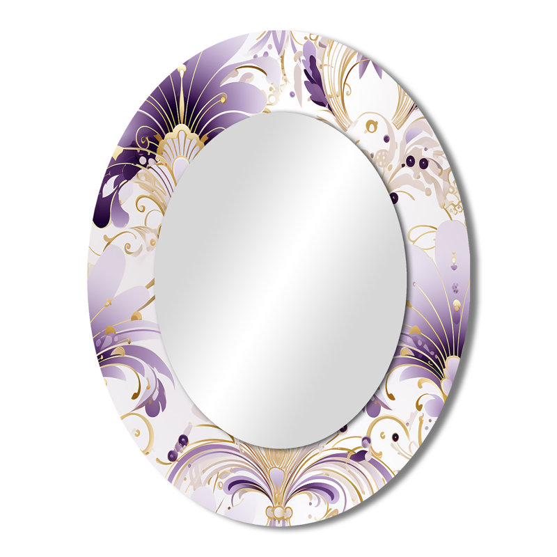 Motif damassé mauve et blanc art déco - Miroir décoratif damassé ovale sur métal, H 43 po x l 33 po
