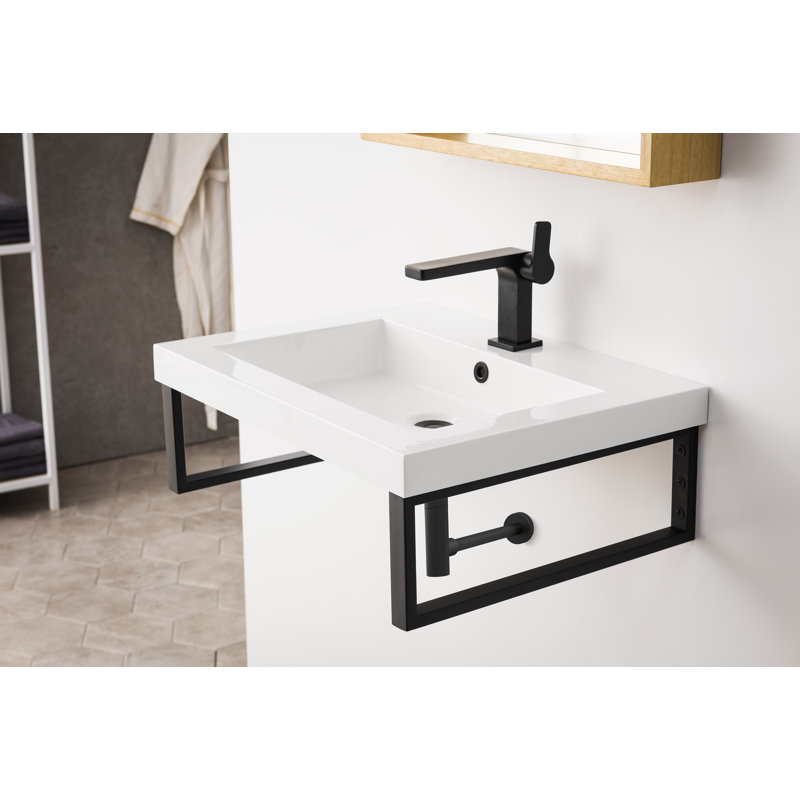 Boston Glossy White Resin Rectangular Wall Mount Bathroom Sink with Overflow, Radiant Gold