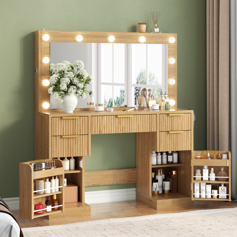 36" Large White Fluted Vanity Desk with LED Mirror - 11 Dimmable LED Lights & Built-in Power Outlet, Modern Wood Makeup Vanity Table with 5 Drawers, 2 Cabinets & 2 Hidden Storage Shelves for Bedroom