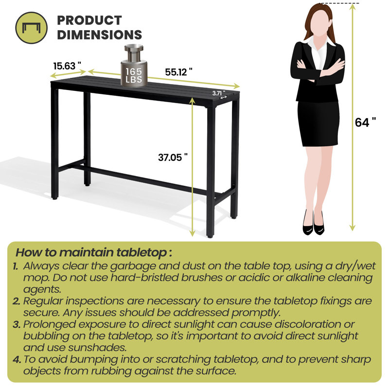 Rectangular Metal Outdoor Bar Table (Set of 2), Black, 37.09" H x 55.12" W x 15.67" D