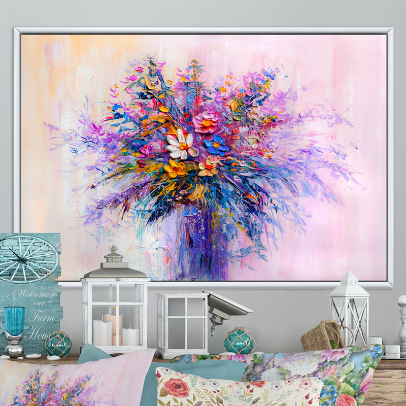 Vase de fleurs rouges et mauves - reproduction sur toile avec cadre flottant, H 12 po x l 20 po x P 1 po