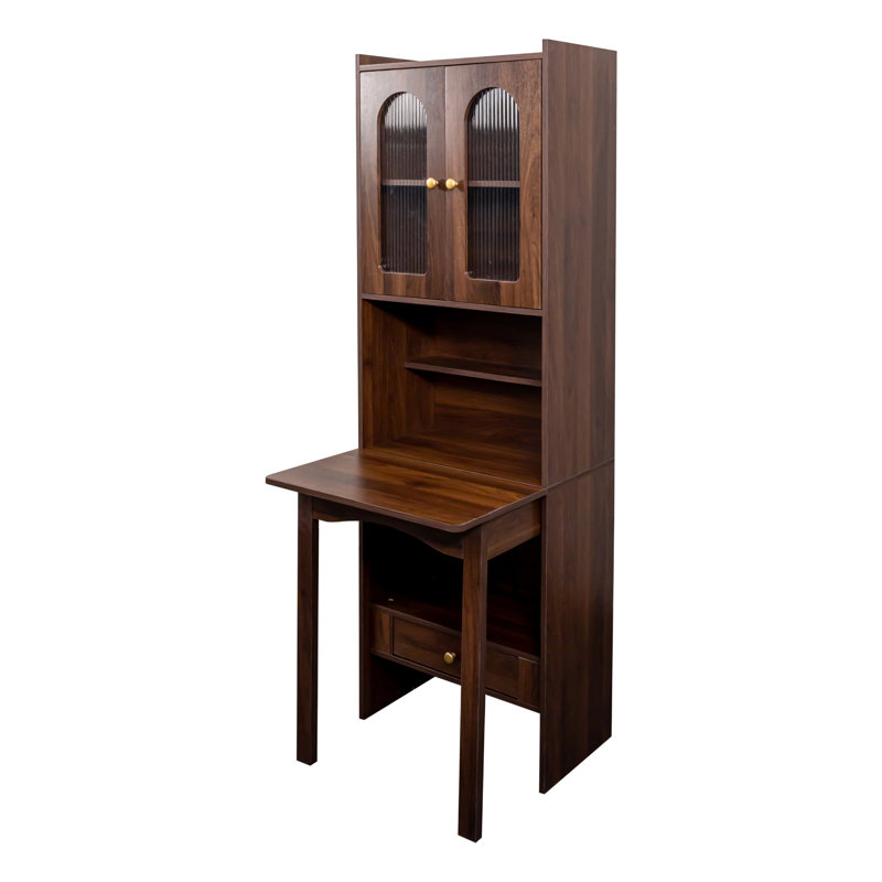 Vintage Bookshelf With Fold-Out Convertible Writing Table, Multi-Function Home Office Workstation, Desk Cabinet With Shelf And Drawer, Walnut