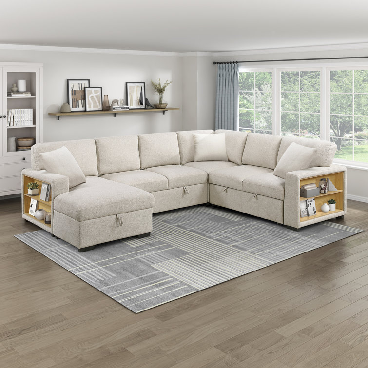 Meserve 121" Contemporary Square Arm Boucle Sectional with Pull-Out Bed