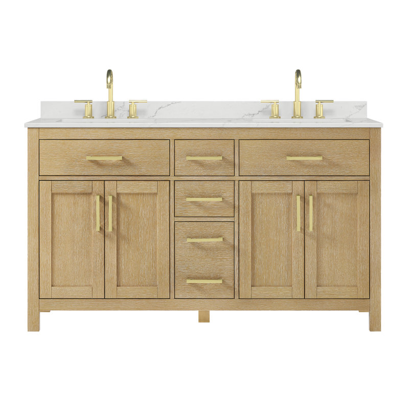Beckett 60" Freestanding Double Bathroom Vanity with Quartz Top, Whitewashed Oak, Brushed Gold, Giotto Quartz