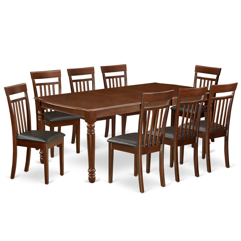 Cet ensemble de salle à manger 9 pièces comprend une table de salle à manger rectangulaire avec feuille papillon et 8 chaises de cuisine en similicuir, acajou