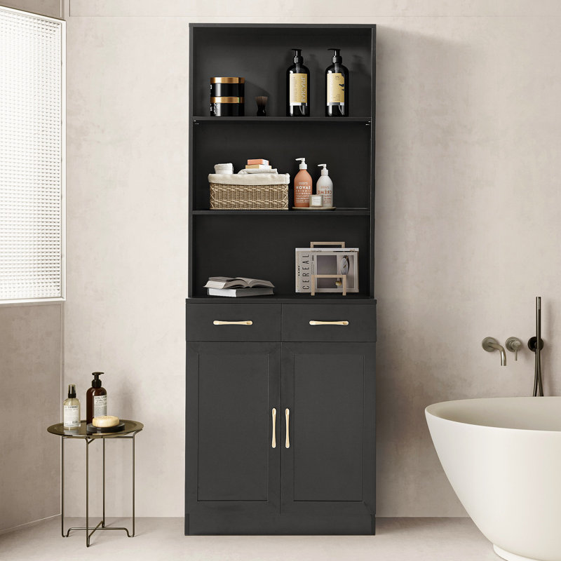 Tall Freestanding Bathroom Storage Linen Cabinet With 3 Layer Open Shelf,2 Doors And 2 Drawers, Adjustable Shelf, Black