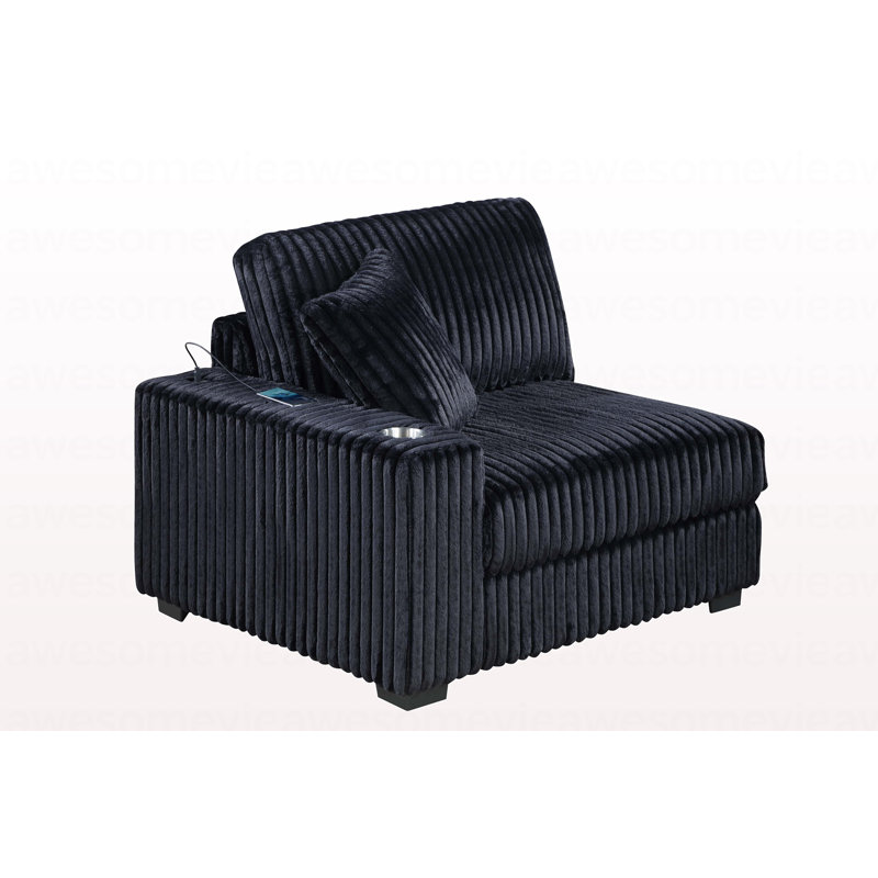 Chaise LAF de style contemporain avec accoudoir porte-gobelet USB en velours côtelé texturé noir
