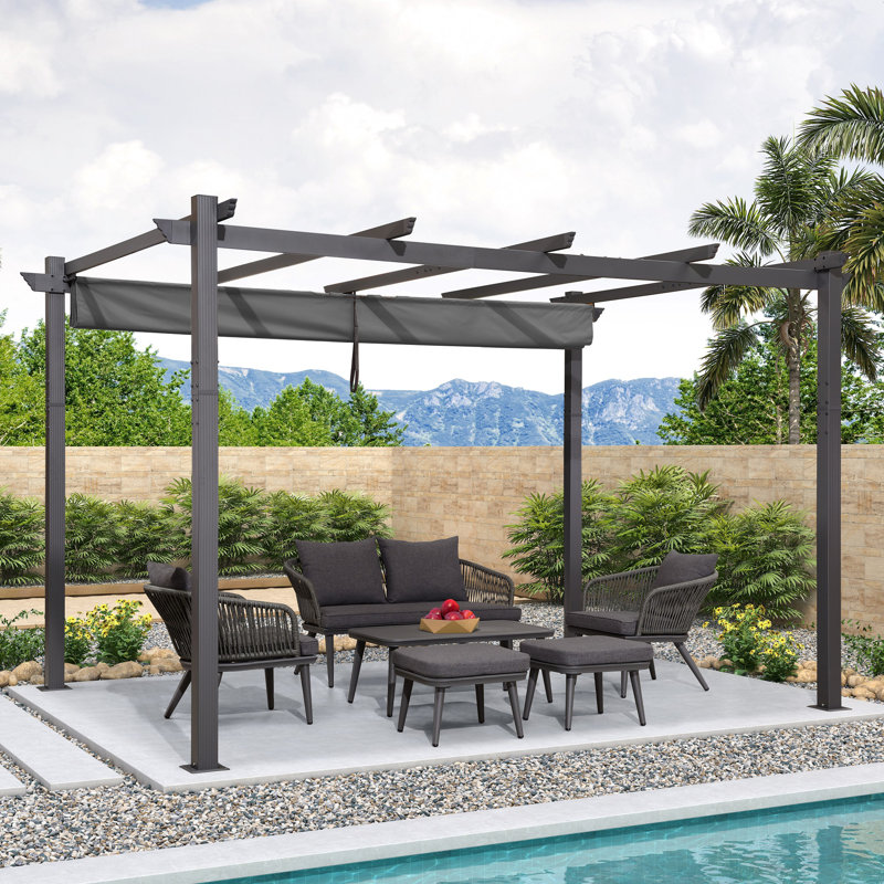 12 pi. L 10 pi. Pergola en métal avec auvent, Gris