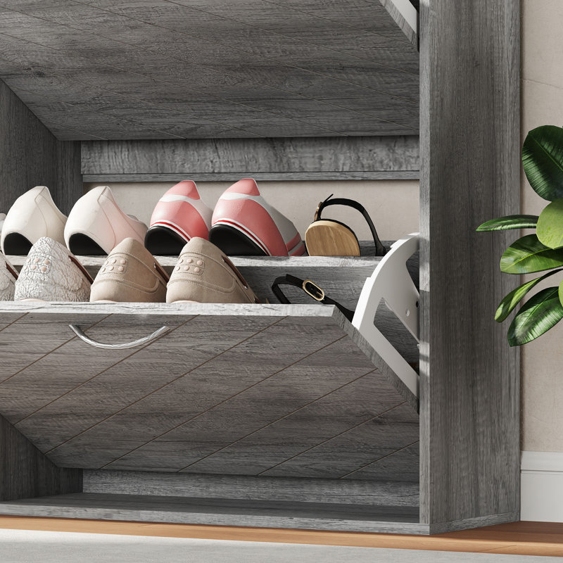Armoire de rangement pour chaussures mince avec 4 tiroirs rabattables pour 12 à 20 paires de chaussures, Gris