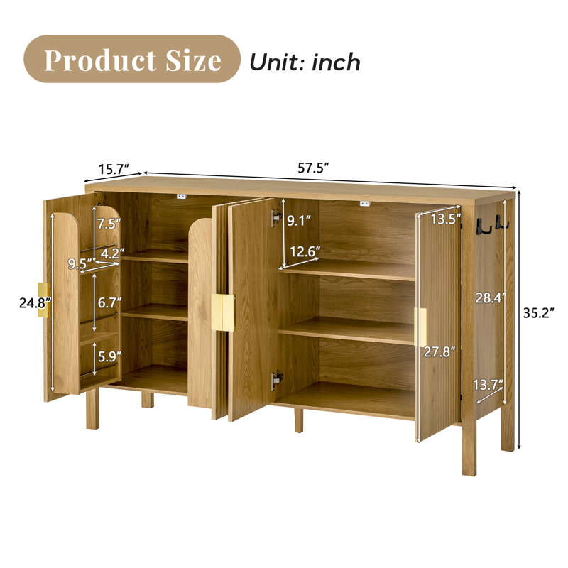 57.5" W 4-door 4-shelf Wood Storage File Cabinet Credenza, Natural