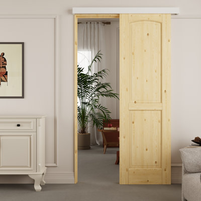 Solid Pine Arched Two-Panel Barn Door Kit With Hidden Track & Installation Hardware Kit/No Assembly Required