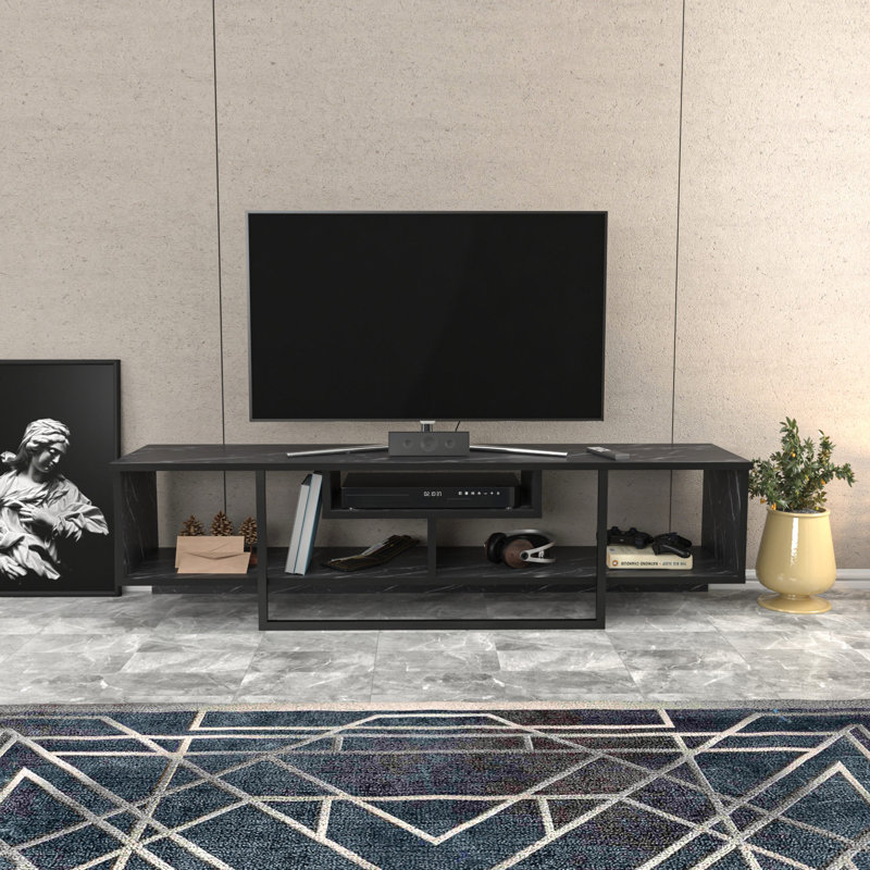 Meuble télé moderne noir 59,1 po x 13,9 po x 15,7 po | 100% panneau de particules enduit de mélamine, épaisseur: 0,7 pouce | Design industriel en marbre, parfait pour le salon et les espaces de divertissement, élégant et durable