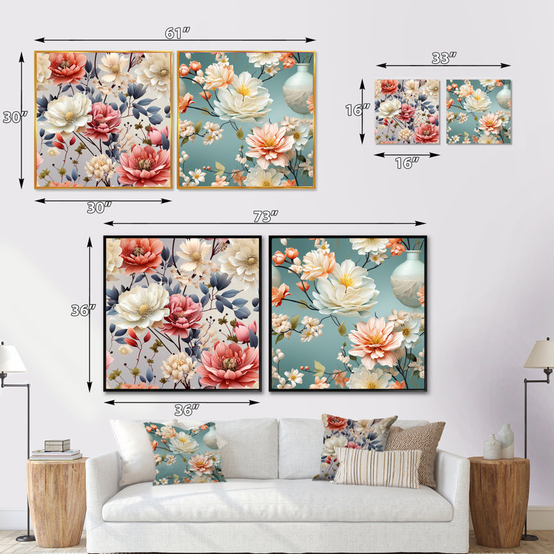 Crader - Ensemble de 2 collages carrés floraux, Cadre flottant blanc, H 36 po x l 73 po