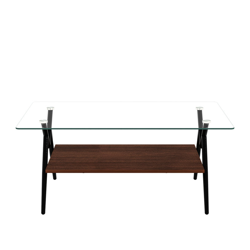Table basse moderne pour salon avec plateau en verre trempé aux bords lisses et pieds en métal stables et transparents pour optimiser l'espace.