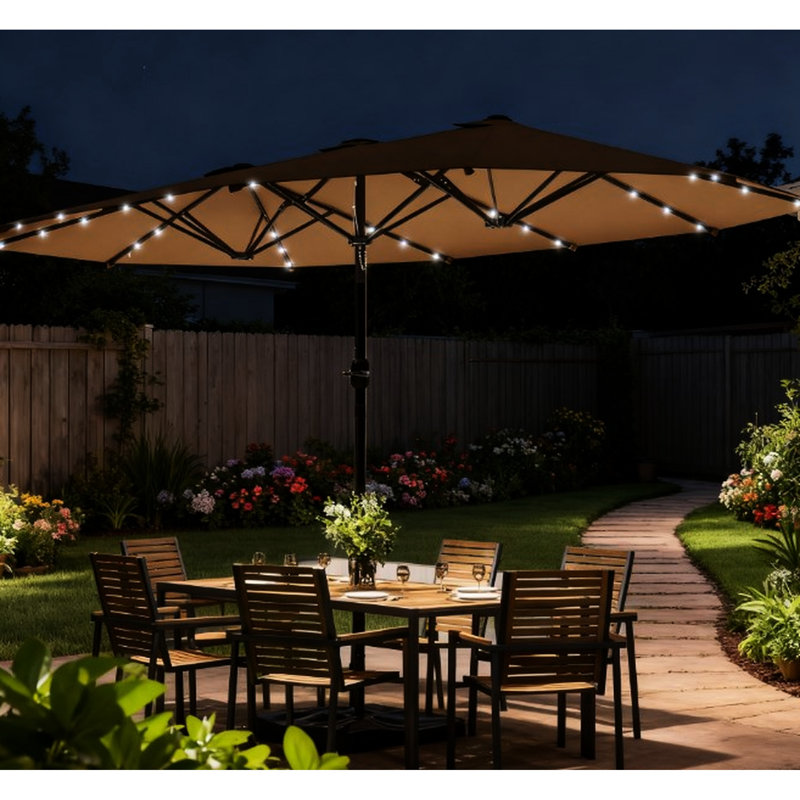 Parasol d'extérieur avec conception à double face, auvent, lumières à DEL solaires, cadre en acier à 12 nervures pour le soutien, système de manivelle pour patio et 36 po de durabilité, fermeture facile