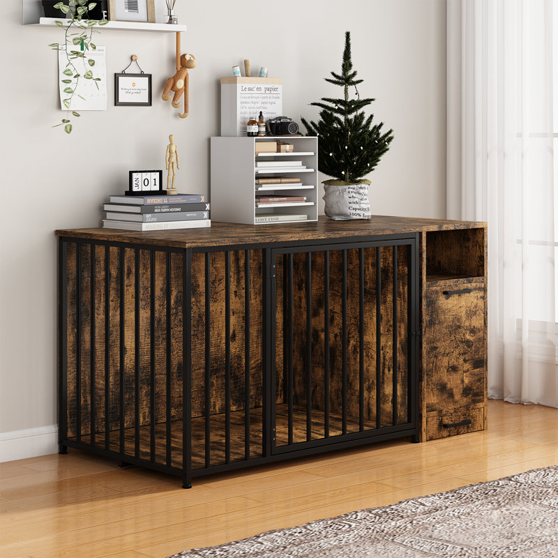 Meuble de cage pour chien avec armoire de rangement, chenil décoratif en bois et en acier de 42 pouces,