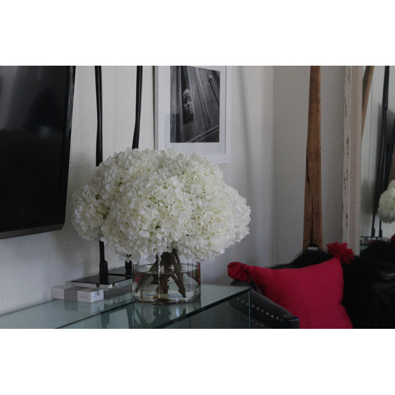 White Hydrangeas In Clear Glass Cylinder Vase, White, 16" H x 18" W x 18" D