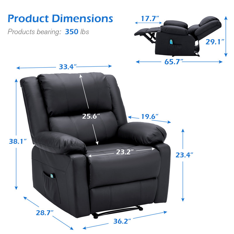 Fauteuil de massage inclinable et chauffant de 36,2 po de largeur, Noir