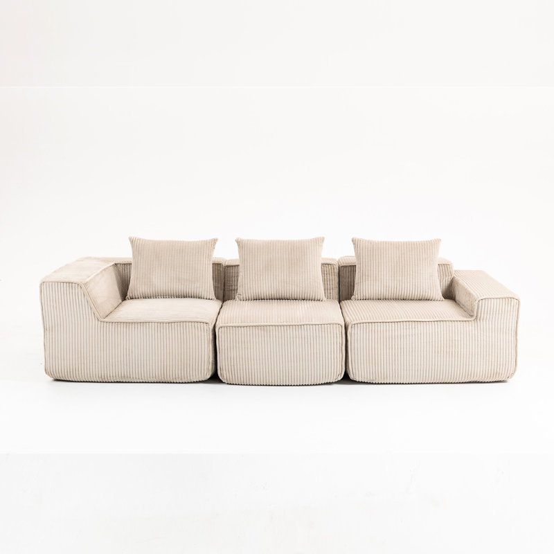 Fauteuil à 3 places en velours côtelé beige, tout confort moderne, moelleux et coussins compressés sous vide, Beige
