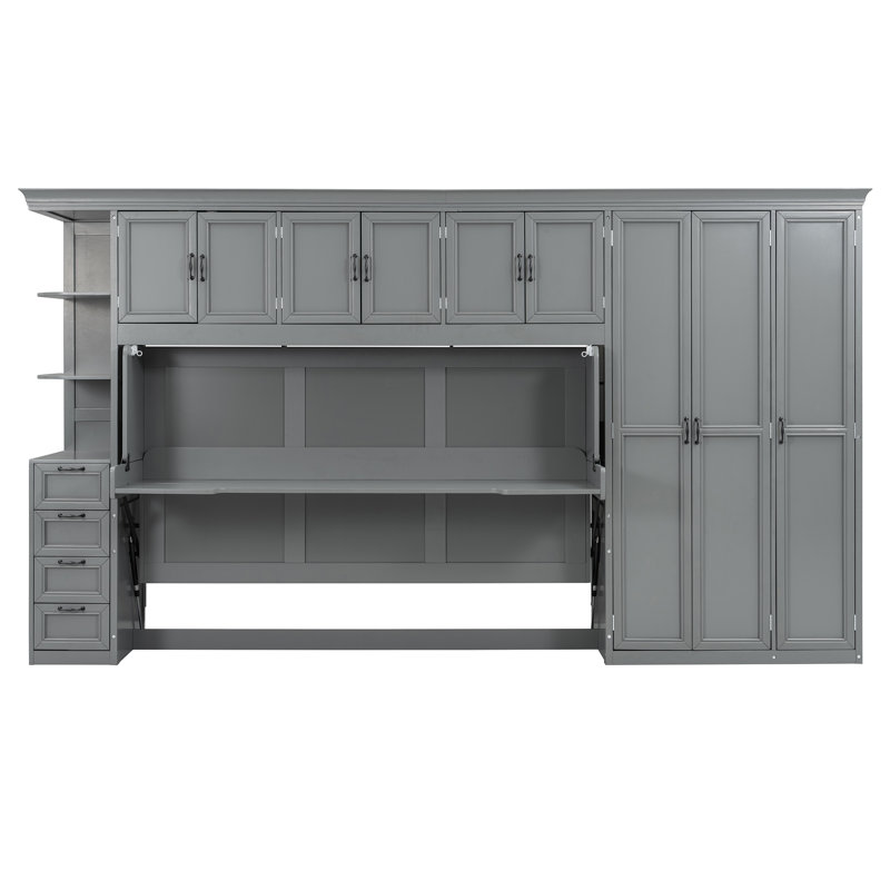 Ensemble de lit escamotable avec bureau et rangement, panneau de fibres à densité moyenne durable et contreplaqué