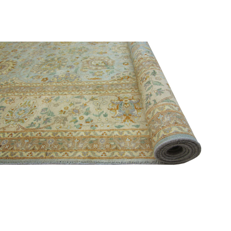 Tapis Aethelha Ankara fait à la main - bleu clair - beige, 9 pi 2 po x 11 pi 8 po