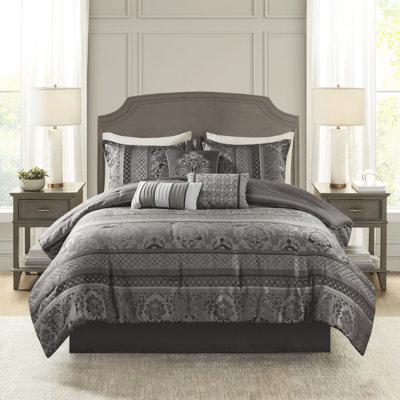 Édredon grand 7 pièces gris - Literie avec motifs de feuilles accrocheurs