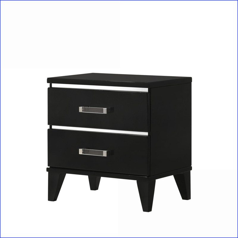 Table de chevet contemporaine en bois noir brillant avec 2 tiroirs de rangement