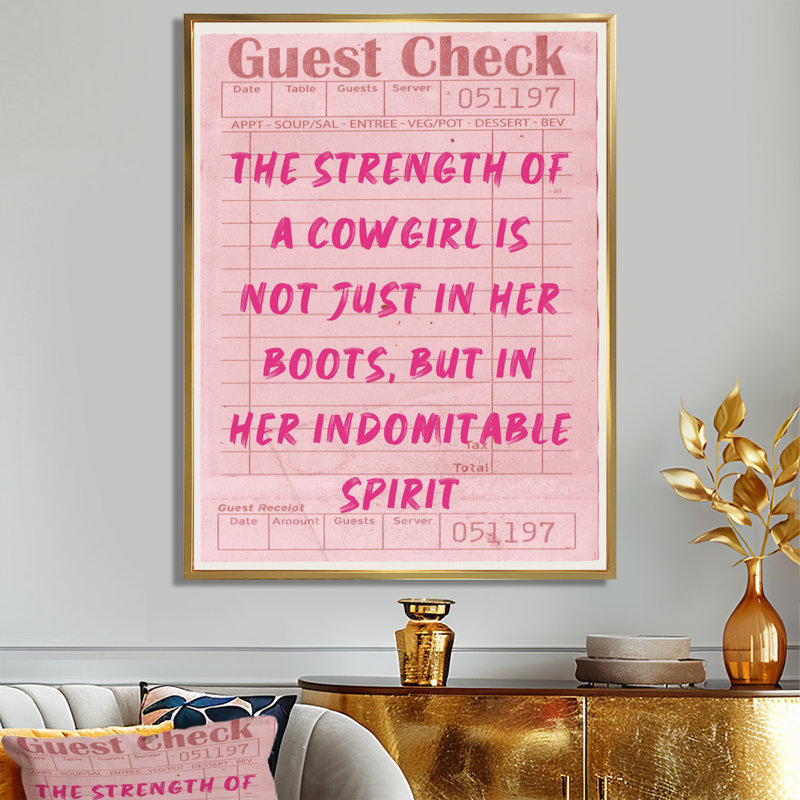«Force of Cowgirl Is Her Spirit Check» - art mural Cowgirls, Toile avec cadre flottant or, H 32 po x l 24 po x P 1 po
