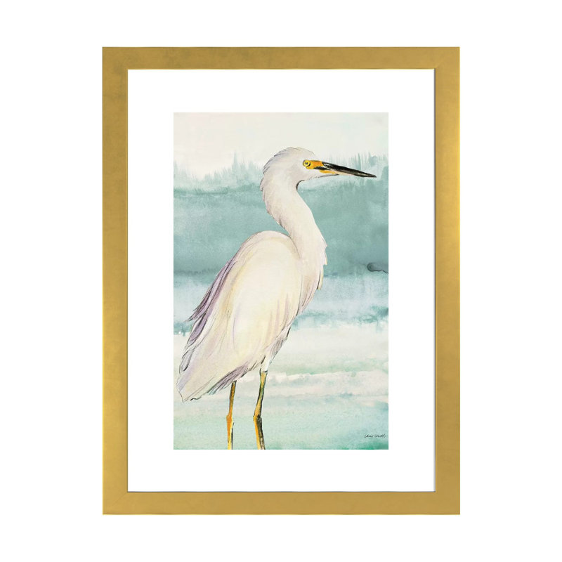 «Heron on Seaglass II» par Lanie Loreth - reproduction d'art, H 24 po x l 16 po x P 1 po, Papier doré, Blanc