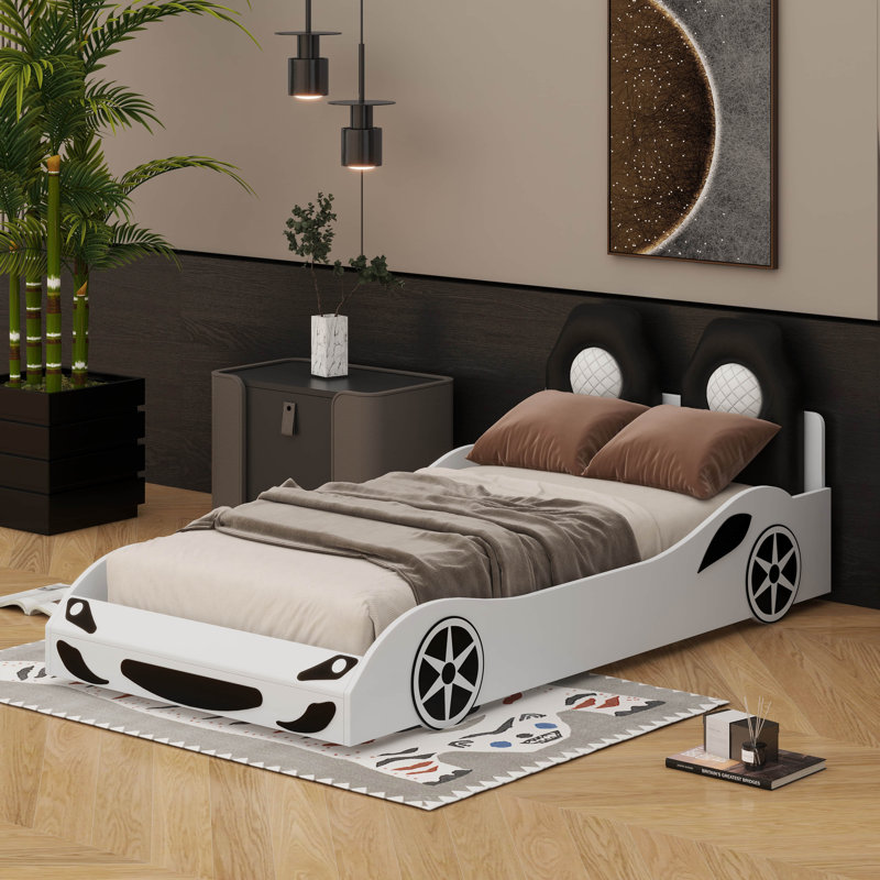 Lit plateforme en bois pour voiture de course avec dossier rembourré et DEL, Blanc