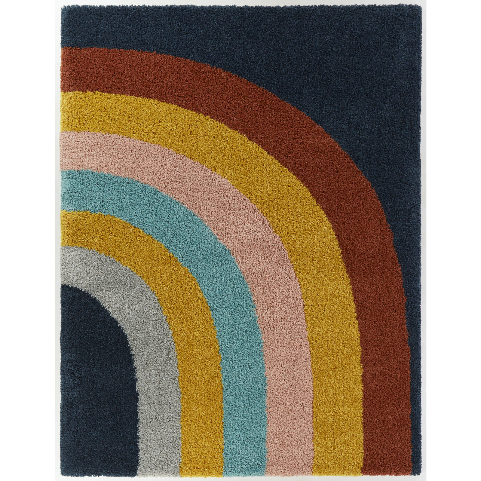 Olanda Rainbow Striped Shag Rug, Navy Rainbow, Rectangle 7'10" x 10'