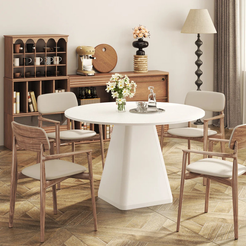 120cm Round Dining Table, Modern Pedestal Base Kitchen Table for 4-6 People, White