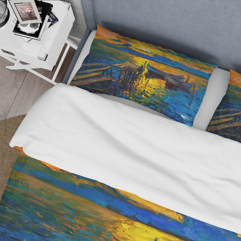 «Boat Pendant Evening Glow At The Lake II» - Ensemble de housse de couette nautique et côtier - Polyester en microfibre