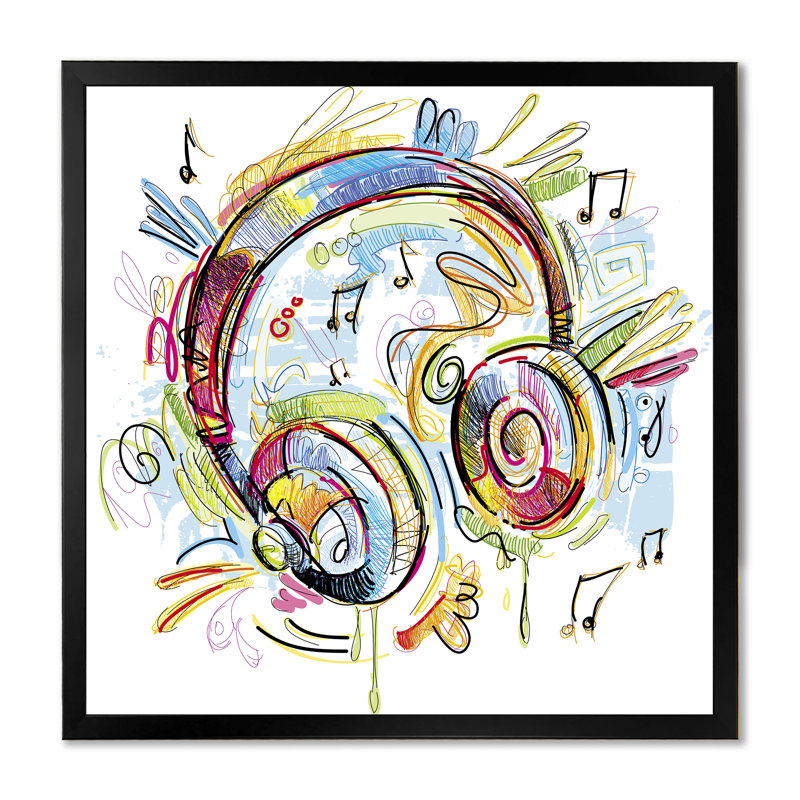 " Music Headphone Abstract Design ", Black Picture Frame, 16" H x 16" W x 1" D