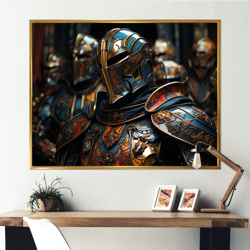 Chevaliers médiévaux I - art mural militaire pour le salon, Cadre flottant doré, H 16 po x l 32 po x P 1 po