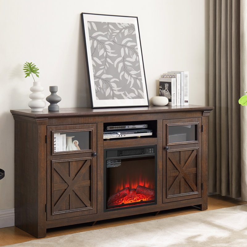 Meuble télé, l 58,82 po, foyer encastré 18 po, 2 portes, 6 découpes de câbles, options de rangement Foyer l 58,82 po, armoire à portes, trous, espace multifonctionnel