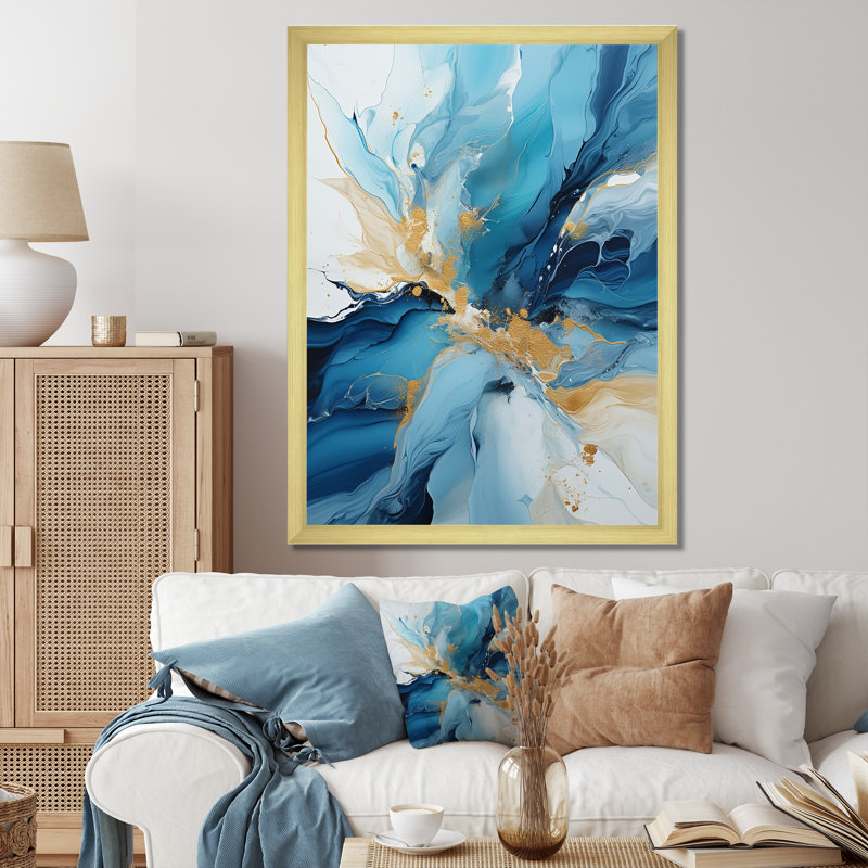 Glacier bleu et blanc II - décoration murale abstraite, Encadrement doré, H 32 po x l 16 po x P 1 po