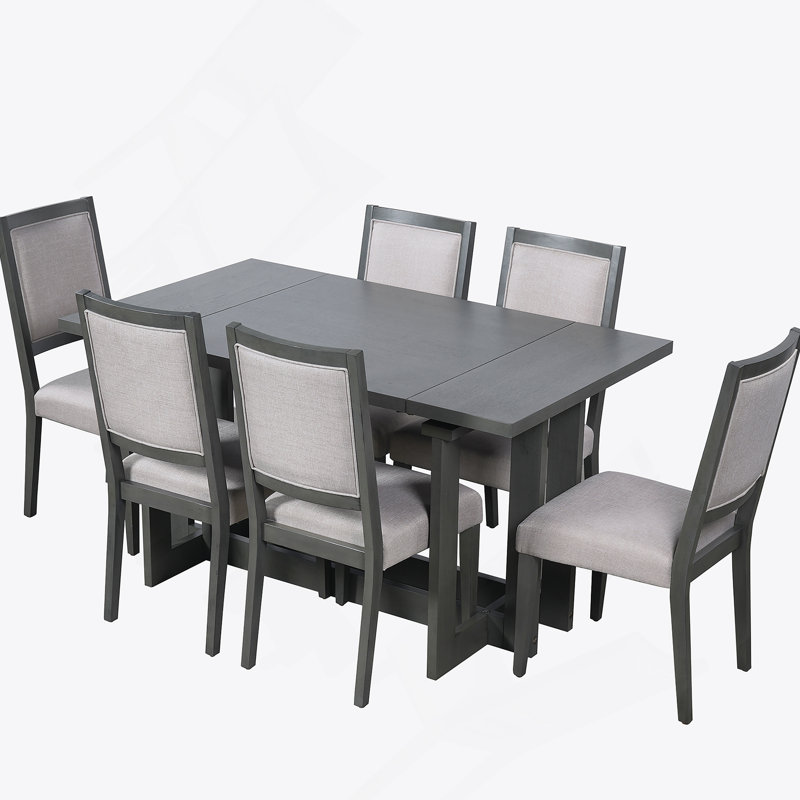 Ensemble de table de salle à manger extensible 7 pièces, table de cuisine avec rallonge amovible et 6 chaises de salle à manger rembourrées