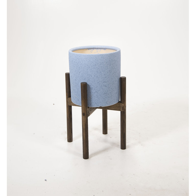 Pot à fleurs en céramique Leverett, Bleu ciel / noyer foncé