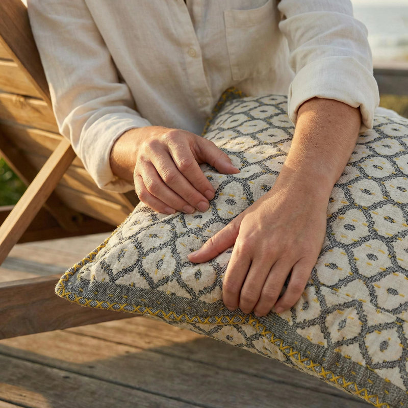 Artisan Hand Loomed Cotton Square Pillow - Gray with Yellow Stitching - 24", Pillow Cover Only - No Insert