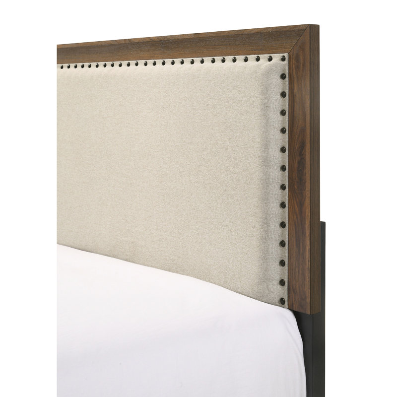 Enchanteur grand lit cerisier brun avec tête de lit tapissier et garniture décorative en tissu doux moderne, Grand lit, Brun