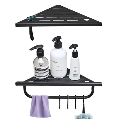 Serviteur de douche encastré en coin avec barre à serviettes et crochets, paquet de 2 (noir mat)