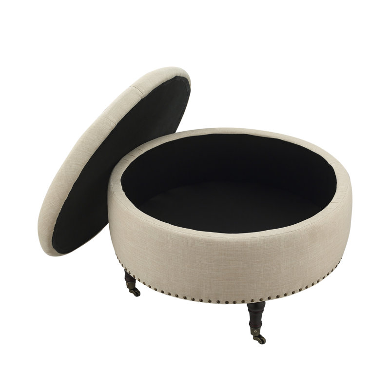 Rangement rond touffeté à roulettes Haytham, 100 % lin beige