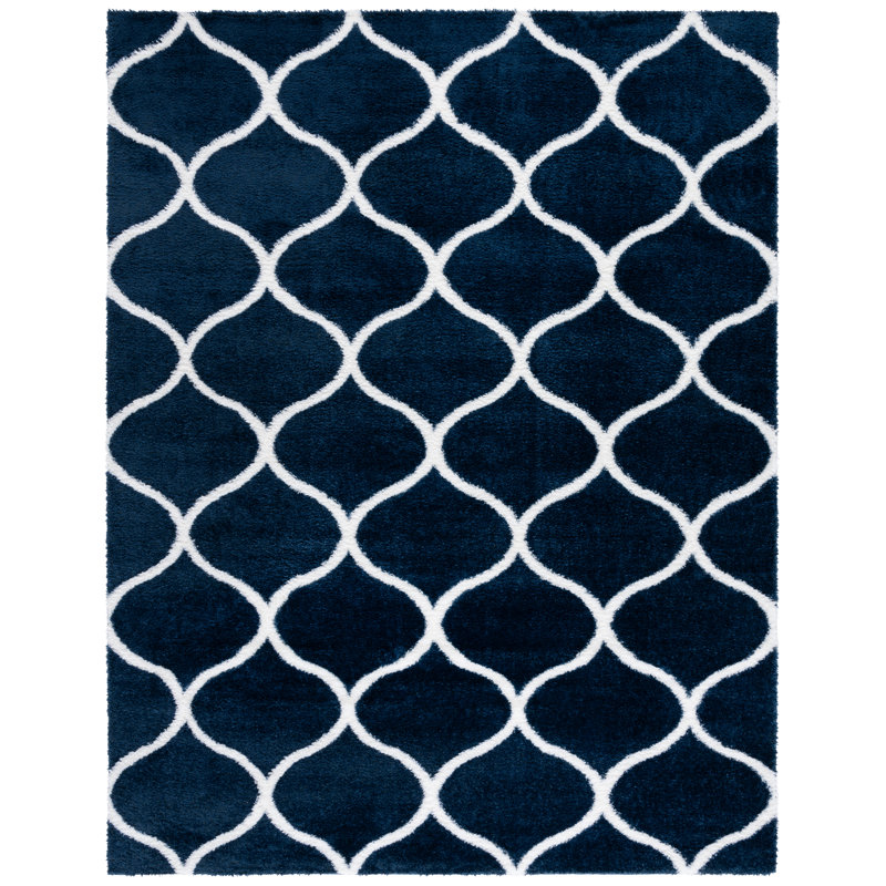 Navy and White 8' x 10' Geometric Shag Area Rug