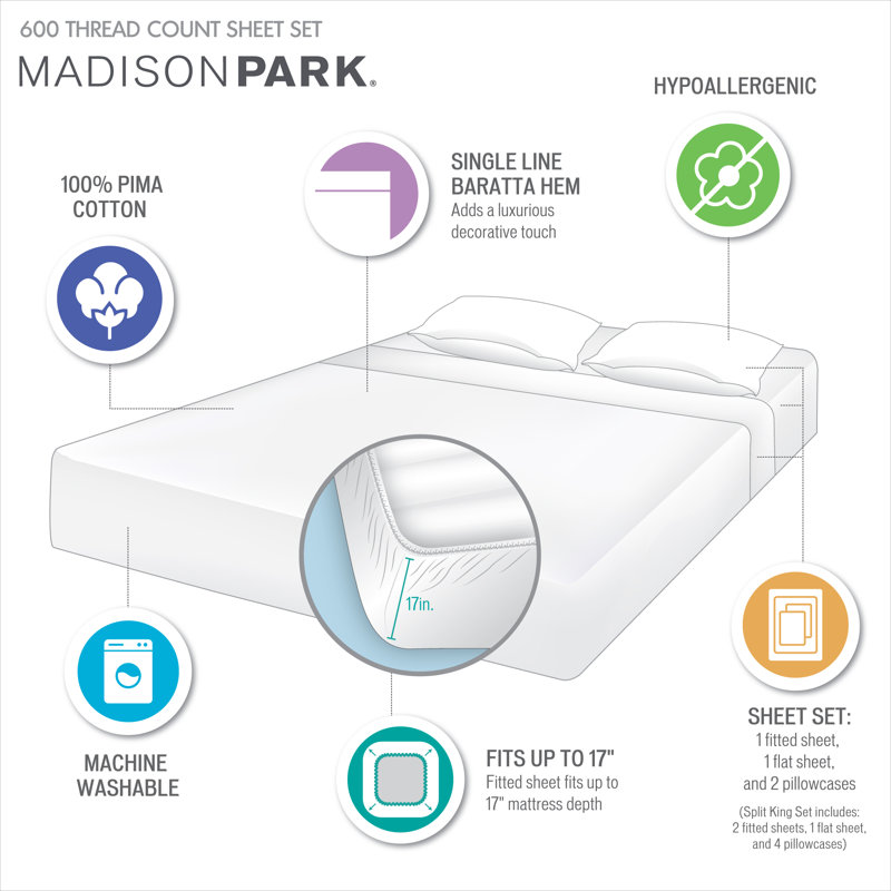 600 Thread Count Pima Cotton Sheet Set, Queen Sheet Set + 1 Fitted Sheet + 2 Pillowcases, White