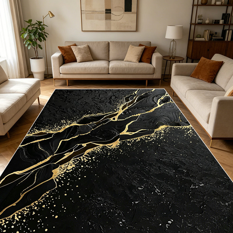 1PC Black Gold Fluid Marble Art area rugs for Living Room, Soft and Comfortable, Suitable for all seasons, easy-to-maintain, machine washable Indoor floor mat, Under Table Farmhouse suitable for dining room, bedroom, kitchen, entryway, home office,