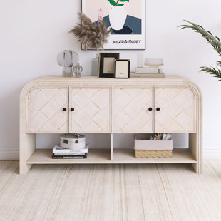 Buffet en bois 59,80 pouces avec lattes en bois tissé et placage en bois massif