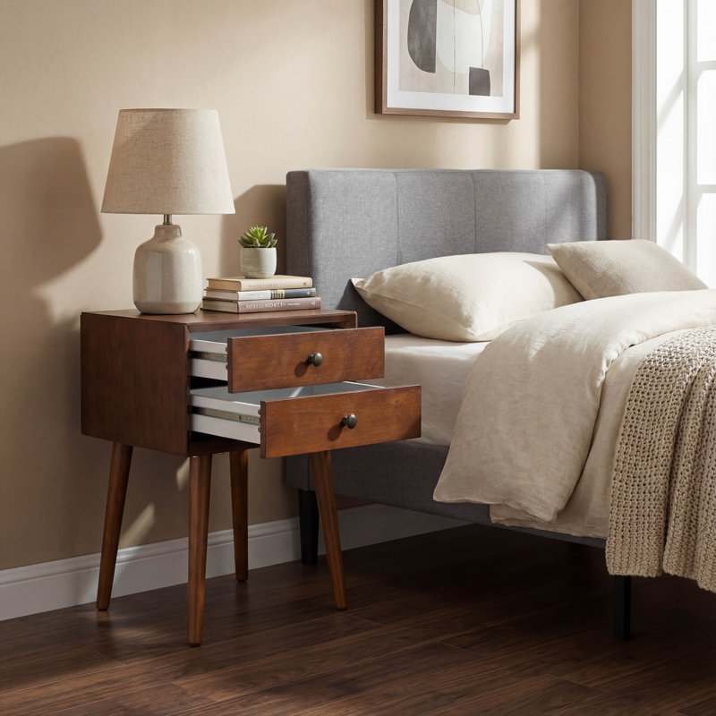 Walnut 2-Drawer Nightstand Small Side End Table with Storage for Bedroom Living Room or Entryway, Brown