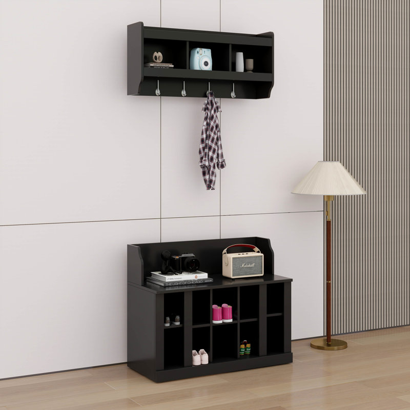 Hall Tree With Bench, Entryway Bench With Wall Mounted Coat Rack, Black