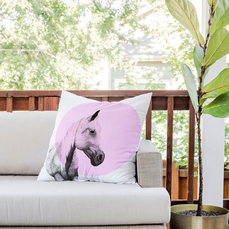 Coussin extérieur Morgan Kendall, Rose / noir / cheval blanc, Carré 20 po